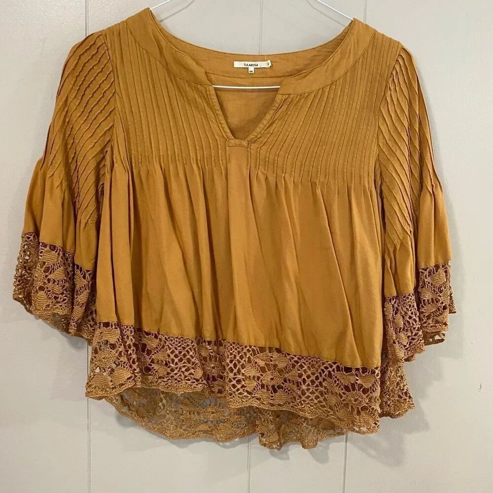 Tularosa Boho Crochet Trim Blouse XS Women’s Mustard Top Lace Hem Peasant Style